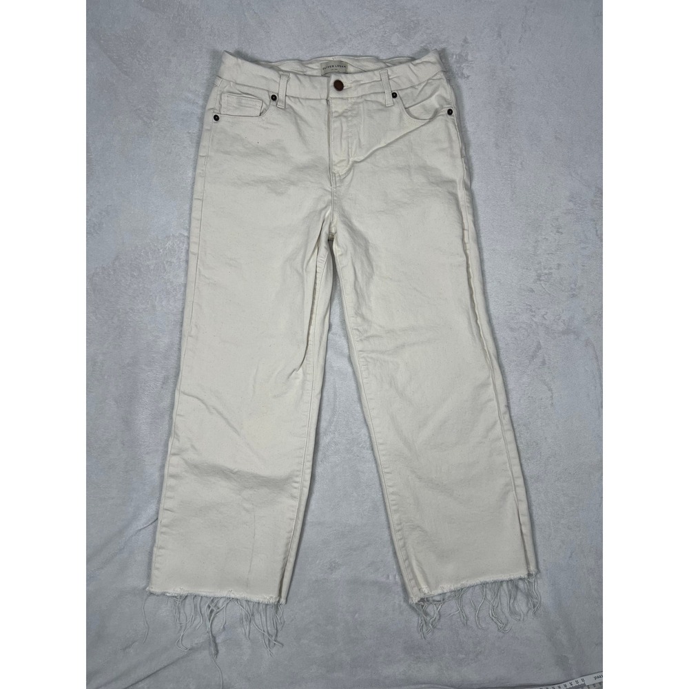 Oliver Logan Aberdeen High Rise Wide Leg Crop Jeans Ecru Cream Raw Hem Size 29P